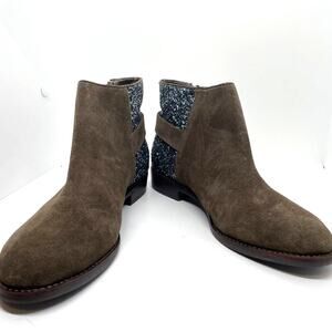 Gianni Bini Silver Glitter Heel Brown Suede Leather Almond Toe Ankle Boots 7.5